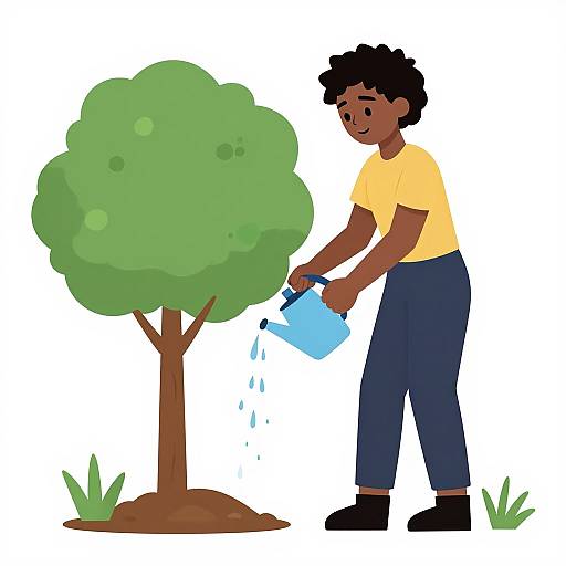 Cartoon-style illustration of a dark-skinned man with curly black hair, wearing a yellow shirt and blue pants, watering a green tree with a blue