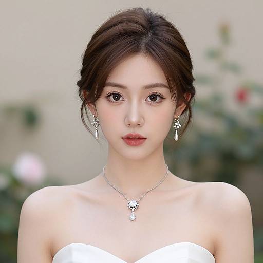 Photograph of a young Asian woman with fair skin, dark brown hair in an updo, wearing a white strapless top, dangling earrings, and
