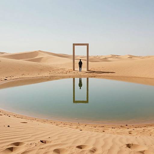 Silhouetted figure stands in vast desert, reflected in still water pool beneath rectangular frame, under clear blue sky. Minimalist, surreal landscape.