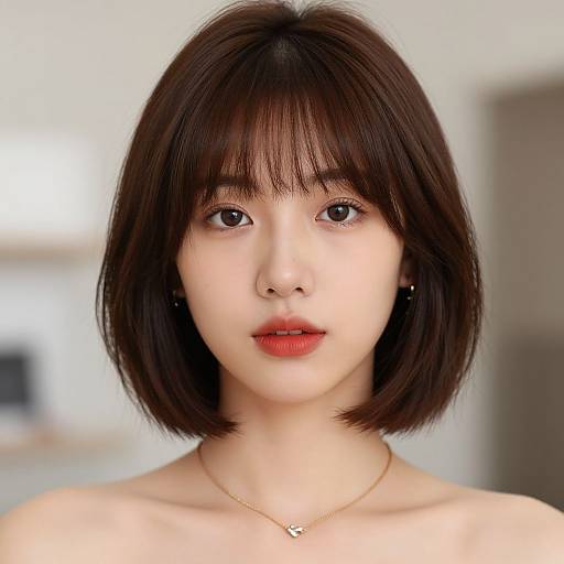 Photograph of an East Asian woman with fair skin, short brown bob haircut, red lips, black earrings, and a gold necklace, looking directly at