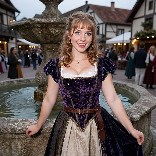 Photograph of a smiling young woman in a Renaissance-style purple velvet dress with white lace, standing by a stone fountain in a bustling medieval town square.