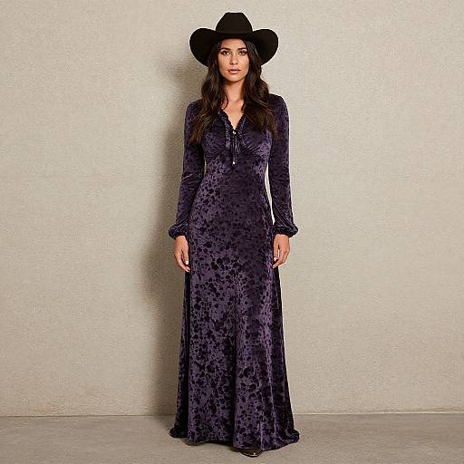 Photograph of a woman with long dark hair, wearing a black wide-brimmed hat and a long-sleeved, dark purple velvet dress,