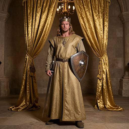 Medieval king in gold tunic, crown, and belt, holding sword and shield, stands before golden curtains in stone-walled hall. Photographic