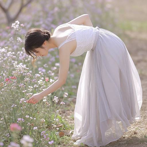 Photograph of a slender Asian woman in a white lace and tulle dress, bending to pick flowers in a sunlit, purple-flowered meadow