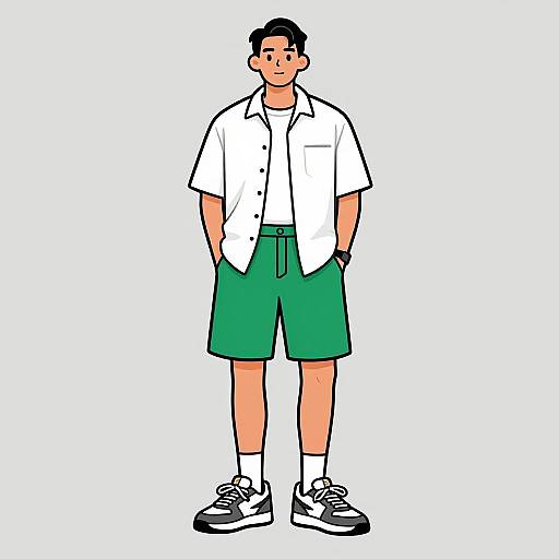 Cartoon-style drawing of a young man with short black hair, wearing a white shirt, green shorts, white socks, and black sneakers, standing with