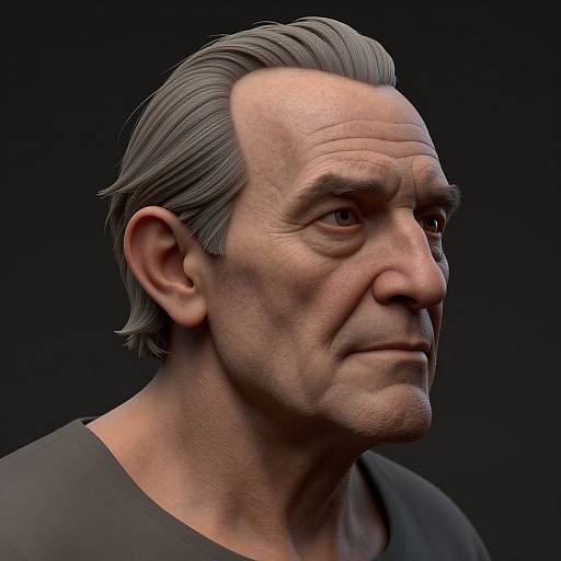 CGI 3D portrait of an elderly man with gray hair, wrinkled skin, and serious expression, wearing a dark gray shirt, against a