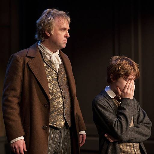 Photograph of two men on stage: older man with blond hair, brown coat, and ornate vest stands beside younger man with brown hair, covering