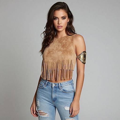 Photograph of a young woman with long brown hair, wearing a tan fringe crop top, gold arm cuff, and distressed blue jeans.