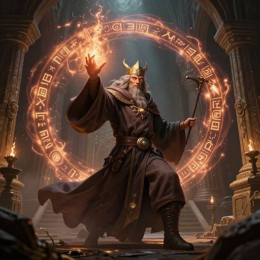 Digital artwork of a bearded, horned wizard with a golden crown, black robe, and staff, casting a glowing magic circle in a dark,