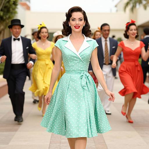 Photograph of a smiling woman in a mint-green polka dot dress, walking in a retro-themed parade with men in suits and women in colorful dresses