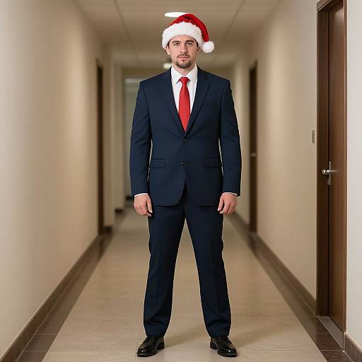 Photograph of a bearded man in a black suit, red tie, and Santa hat, standing in a long, empty, beige hallway.