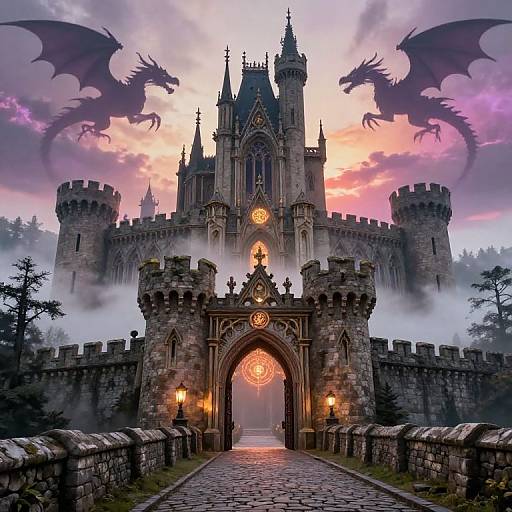 Digital art of a gothic castle with two menacing dragons flying above, glowing circular symbols, mist, and a cobblestone path.