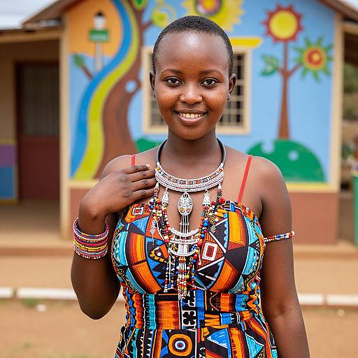 Photograph of smiling African woman with short hair, wearing colorful patterned dress, intricate jewelry, standing in front of vibrant painted building.