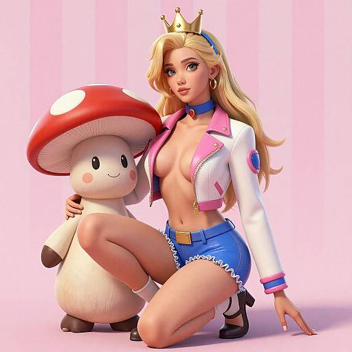 Blonde Woman with Crown and Mushroom Companion