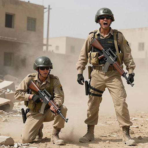 Intense Soldiers in War-Torn Urban Scene