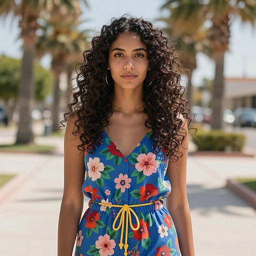 Photograph of a young woman with long, curly black hair wearing a blue floral dress with red and pink flowers, yellow ribbon tie, standing outdoors in