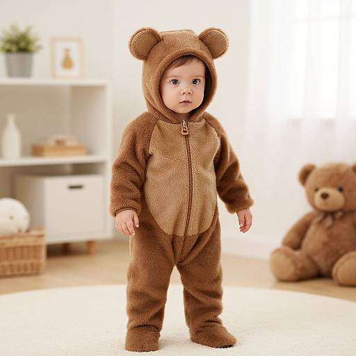 Photograph of a baby in a brown bear onesie with hood, standing in a bright, cozy room with a teddy bear and white shelves.