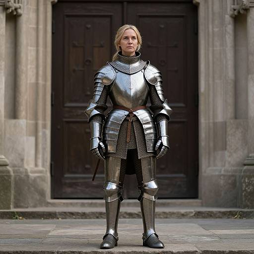 Photograph of a blonde woman in full shiny silver medieval armor, standing in front of a large dark wooden door in a stone building.