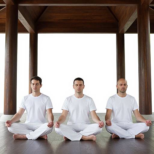 Photograph of three young men with light skin, black hair, and clean-shaven faces, sitting in a meditative pose on dark wooden floor,