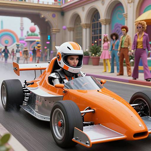 Photorealistic CGI of an Asian woman in an orange racing kart, wearing a white and orange helmet, speeding through a colorful, bustling amusement park street
