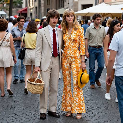 Photograph of a young couple in a bustling city street; he in a beige suit with red tie, she in a vibrant orange floral jumpsuit,