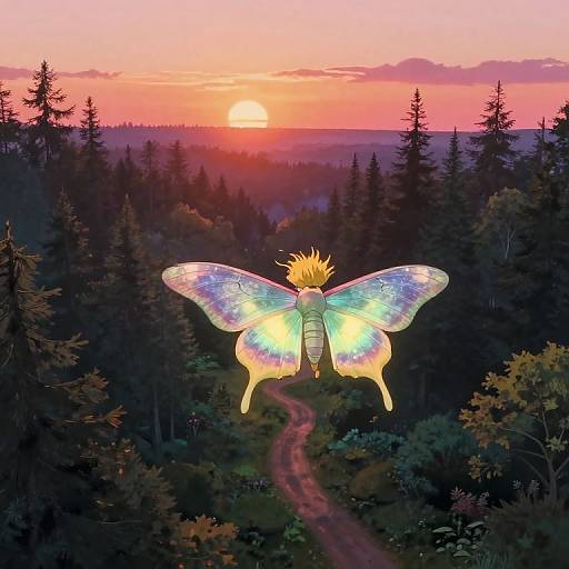Digital illustration of a golden-haired fairy with glowing, iridescent wings flying over a forest path during a pink, orange sunset.