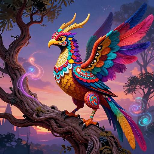 Digital art of a vibrant, multicolored bird with rainbow feathers, standing on a twisted tree branch, against a pink-purple sunset sky. Magic swirl