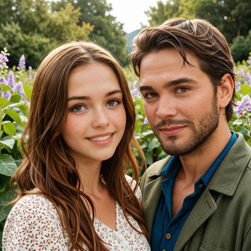 Realistic Couple Portrait in Vibrant Garden