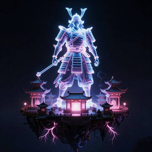 Floating Neon Holographic Samurai Shrine