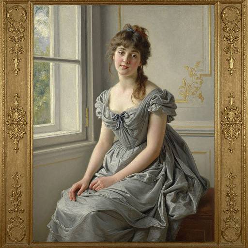 Photograph-style painting of a fair-skinned woman with brown hair in a blue-gray, off-the-shoulder dress, sitting by a window,
