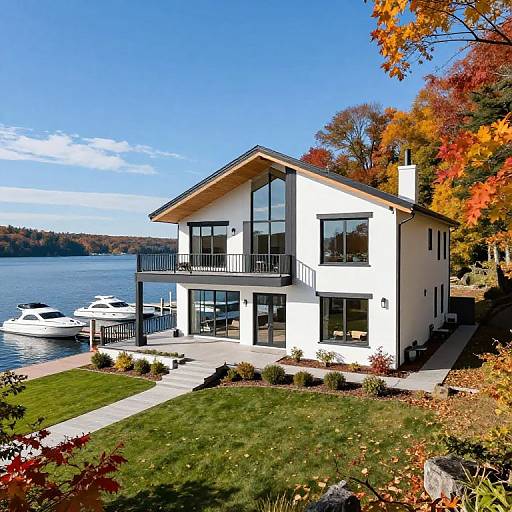 Photograph of modern white two-story house with large windows, balcony, and dock on a lake, surrounded by autumn-colored trees.