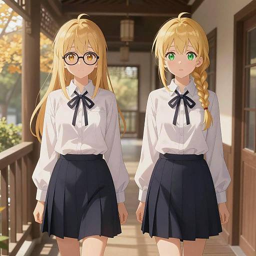 Anime Schoolgirls in Sunlit Corridor