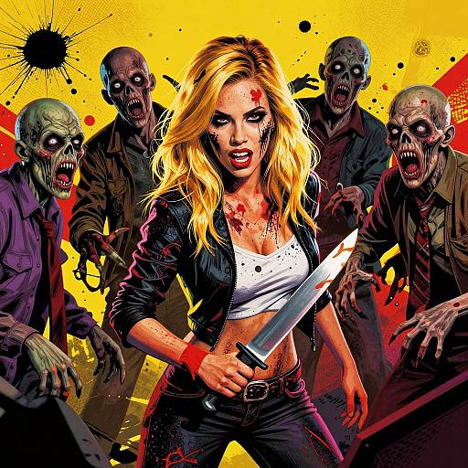 Comic-style illustration of a blonde woman with blood on her face, holding a knife, facing four undead zombies against a yellow and red splattered background.
