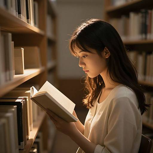 Photograph of a young Asian woman with long dark hair, wearing a white blouse, reading a book in a sunlit library.