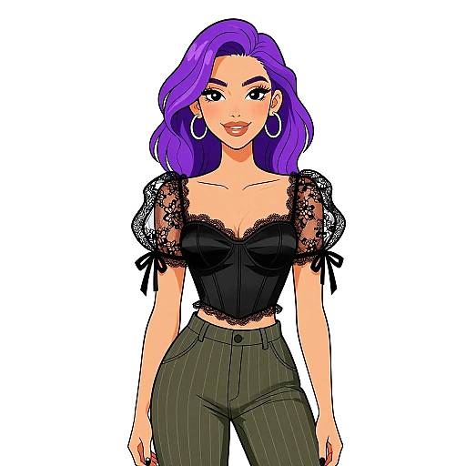 Digital illustration of a confident woman with vibrant purple hair, wearing a black lace crop top and pinstriped high-waisted pants. Large hoop
