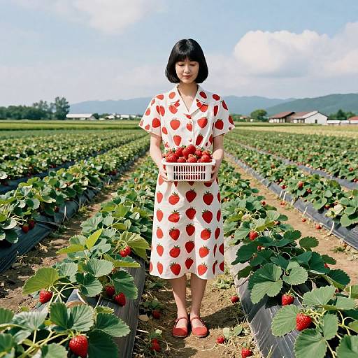 Photograph of an Asian woman with black bob haircut, wearing white dress with red strawberry pattern, holding basket of strawberries, standing in strawberry field with rows