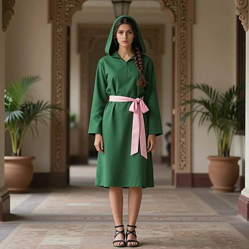 Young Woman in Green Hooded Tunic with Pink Ribbon