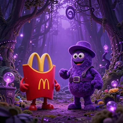 Digital artwork of purple monster in a hat standing beside a red McDonald's burger mascot in a magical, purple-lit forest.