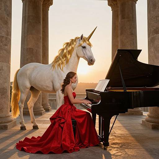 Photograph of a woman in a red satin gown playing a black grand piano, with a white unicorn standing beside her in an ancient temple at sunset.