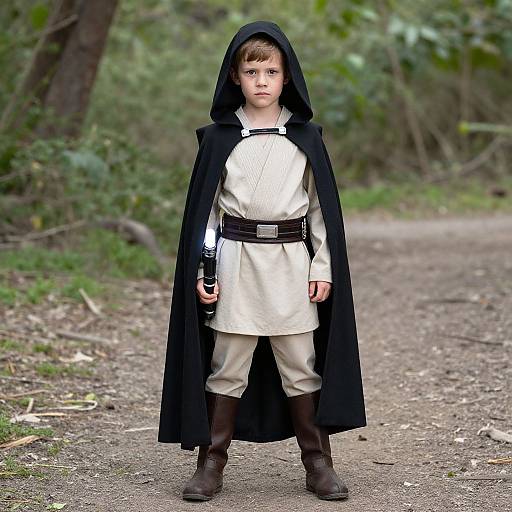 Photograph of a young boy in a white tunic, beige pants, brown boots, black cloak, and belt, standing on a forest path.
