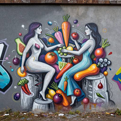 Abstract Graffiti of Women with Fruits and Vegetables