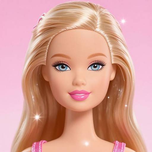 Close-up photograph of a blonde Barbie doll with blue eyes, pink lips, long hair, and sparkling highlights against a pink background.