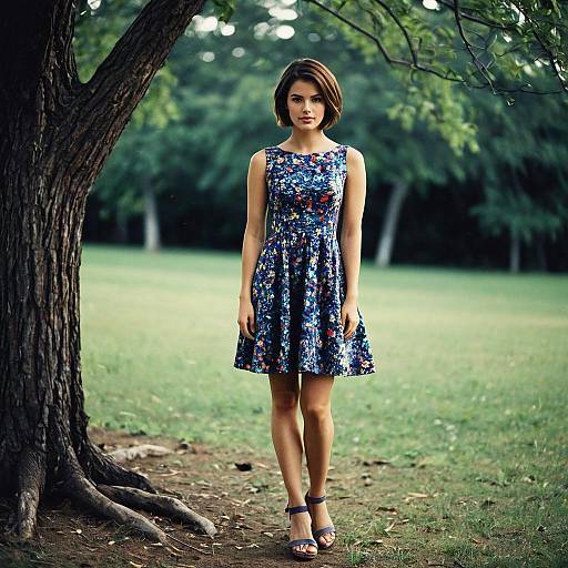 Woman in Floral Party Dress Outdoors