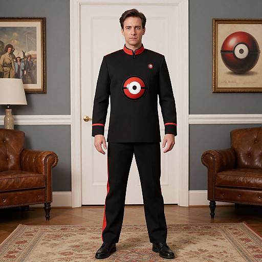 Photograph of a man in a black Pokémon-themed uniform with red accents and a Poké Ball logo, standing in a blue-walled room with brown