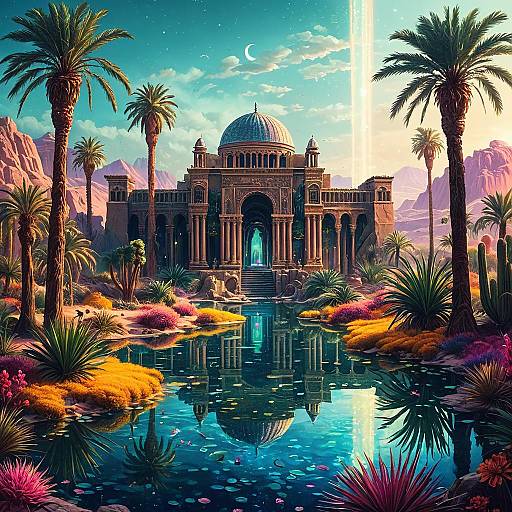 Mystical Desert Oasis with Ancient Ruins