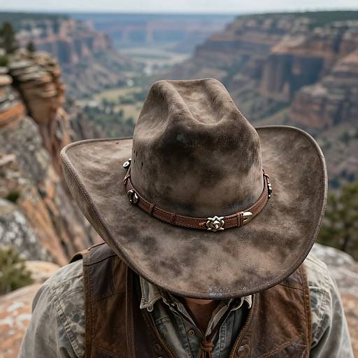 Photograph of a cowboy in a weathered brown cowboy hat with decorative band, facing away, standing on a Grand Canyon overlook.