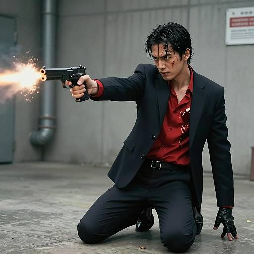 Intense Shooter in Dark Suit Scene