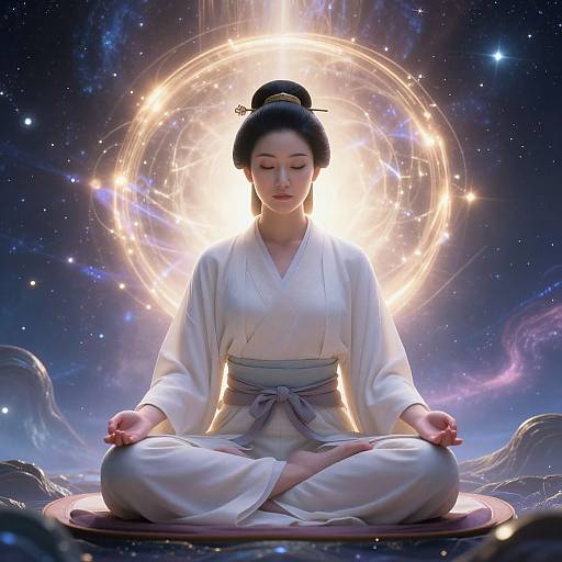 Digital artwork of a serene Asian woman in a white kimono meditating in lotus position, glowing cosmic background with celestial spheres.
