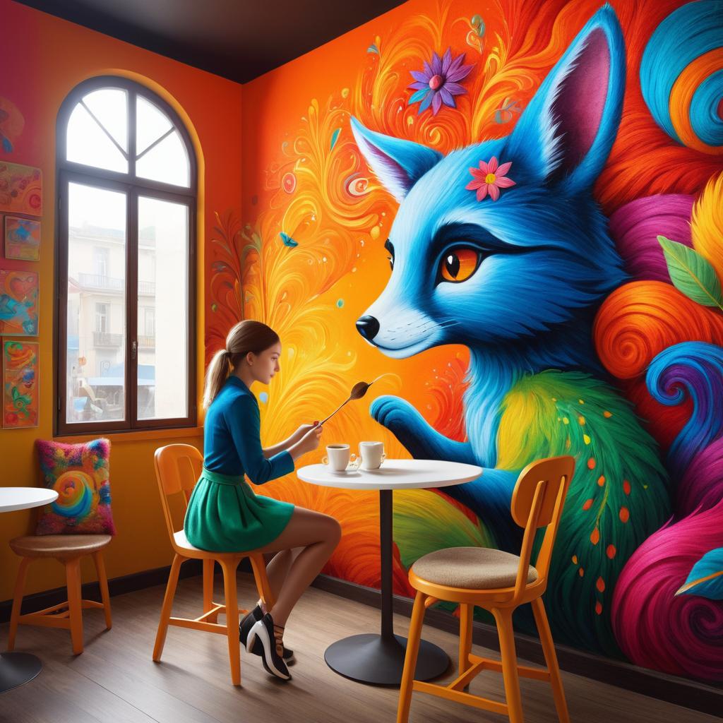 Surreal Mural of a Whimsical Cafe