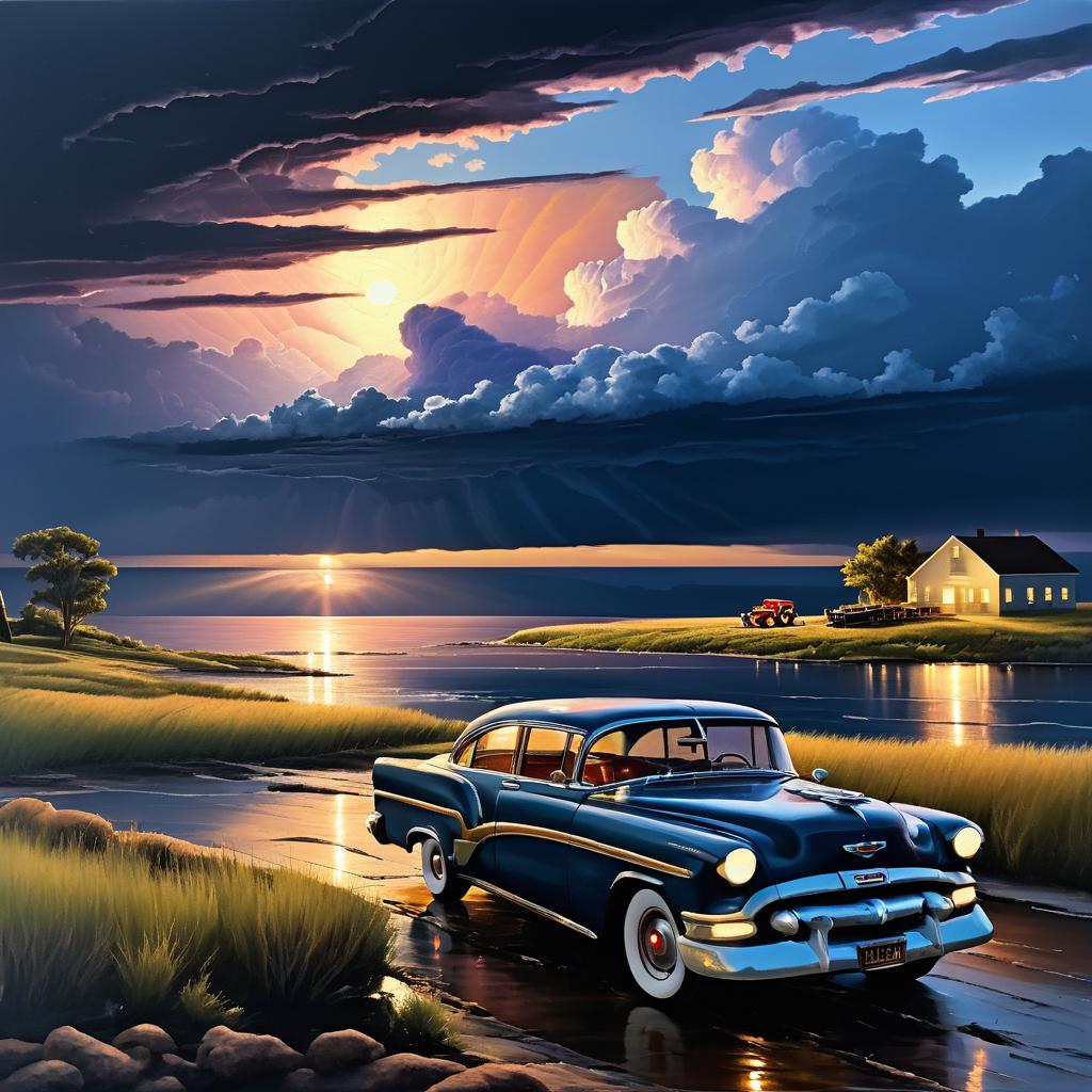 Twilight Coastal Scene with Vintage Car